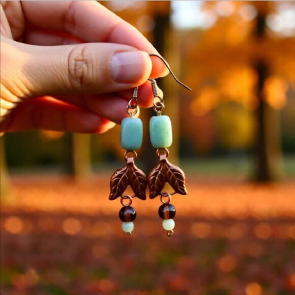 Handmade Copper Leaf + Green Aventurine Earrings! Fall Prosperity + Luck Jewelry - Picture 2 of 11